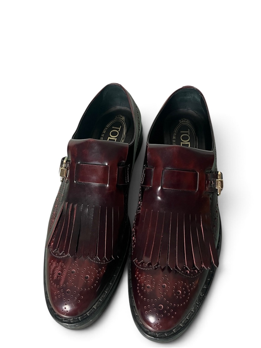 Tod's Burgundy Kiltie Fringe Leather Loafers with Side Buckle SZ 8